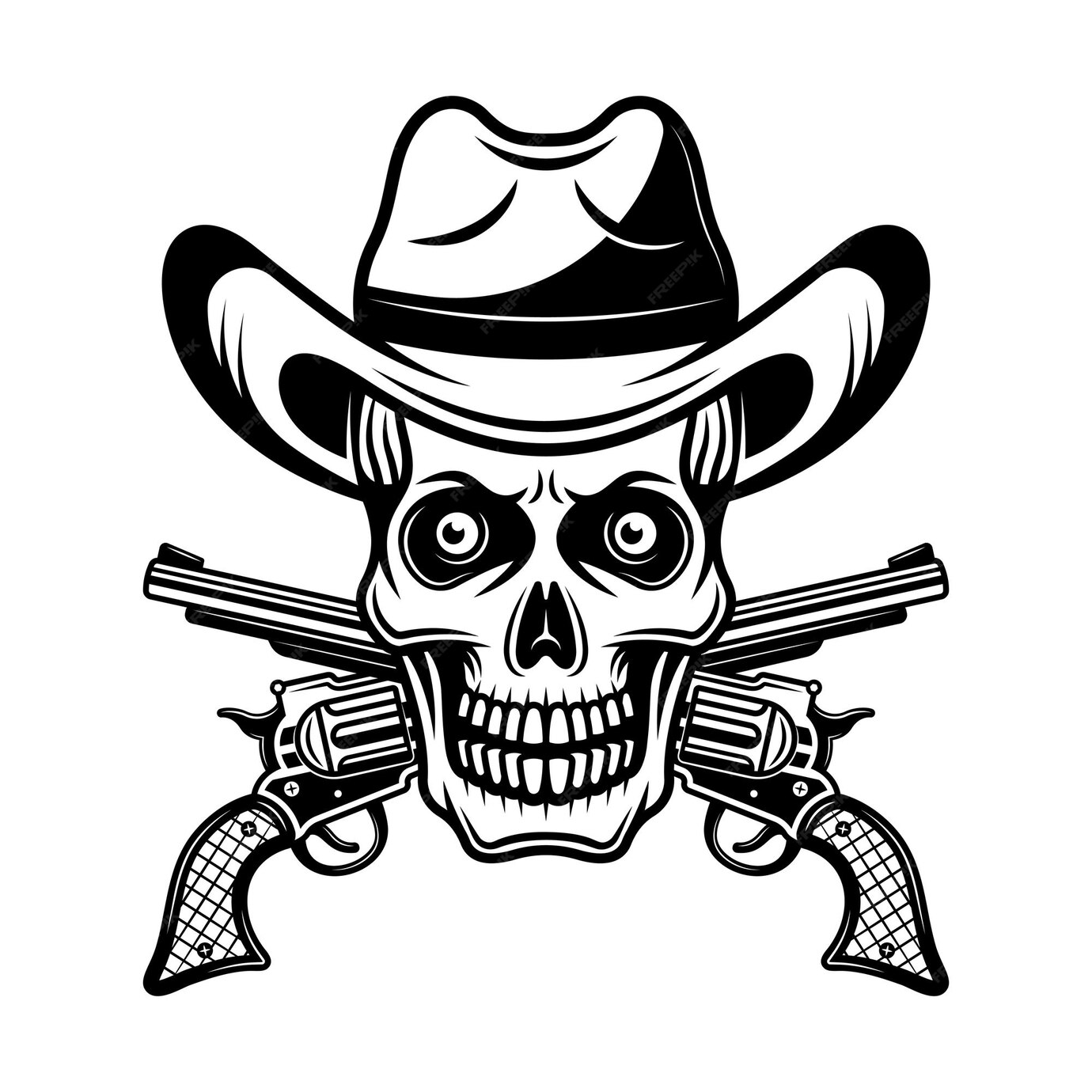 Premium Vector | Skull in cowboy hat and two crossed pistols vector ...