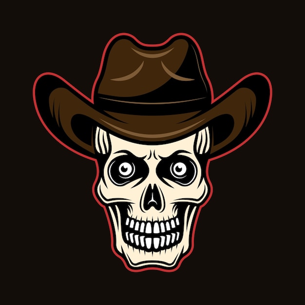 Skull in cowboy hat vector illustration in colorful cartoon style isolated on dark background