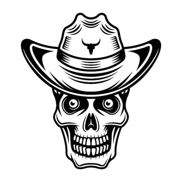 Cranio in cappello da cowboy illustrazione vettoriale in stile vintage monocromatico isolato su priorità bassa bianca