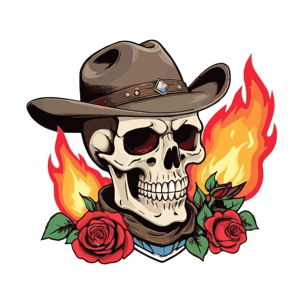 Teschio con cappello da cowboy con rose rosse in fiamme