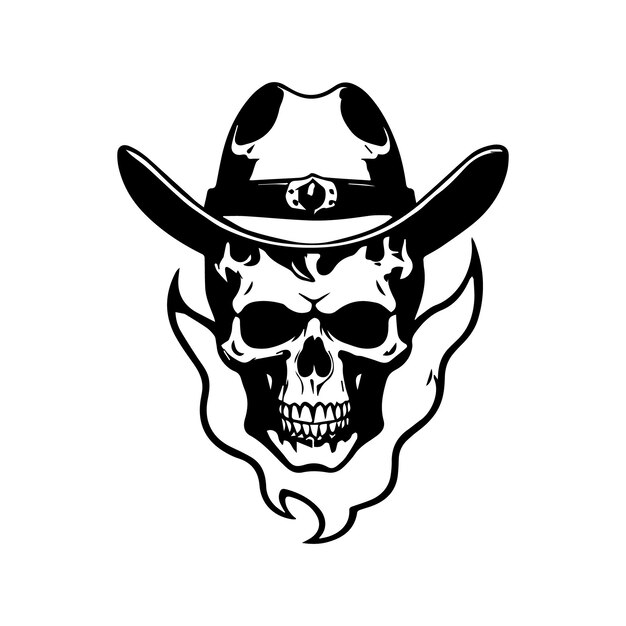 Vector skull in cowboy hat with red roses on fire