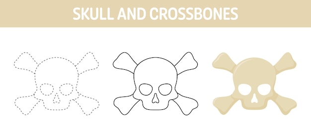 Skull And Crossbones tracing and coloring worksheet for kids