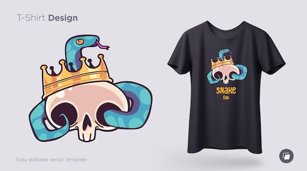 Skull in a crown with a snake tshirt design print for clothes posters or souvenirs vector