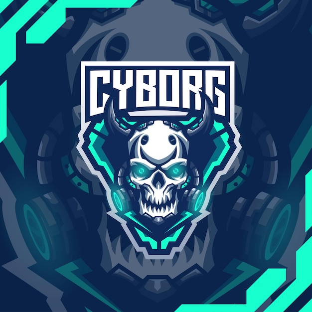 Logo della mascotte robotica del cyborg del cranio vettore premium
