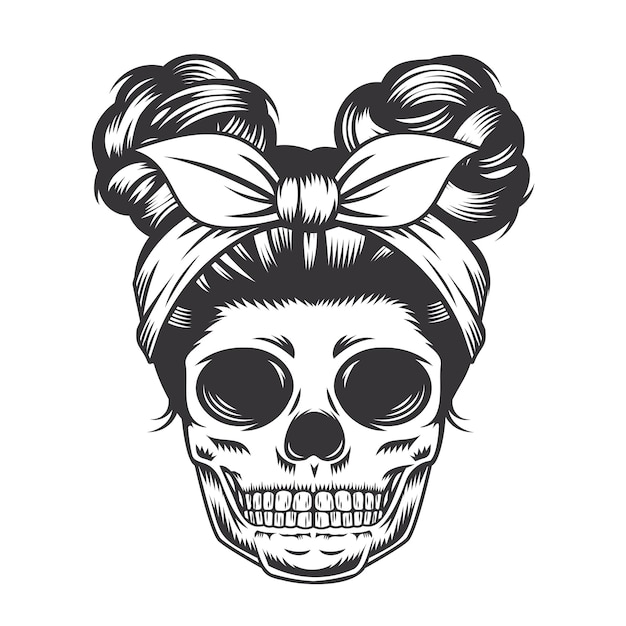 白い背景の上の頭蓋骨の娘の頭のデザイン。ハロウィーン。頭蓋骨の頭のロゴやアイコン。ベクトルイラスト。