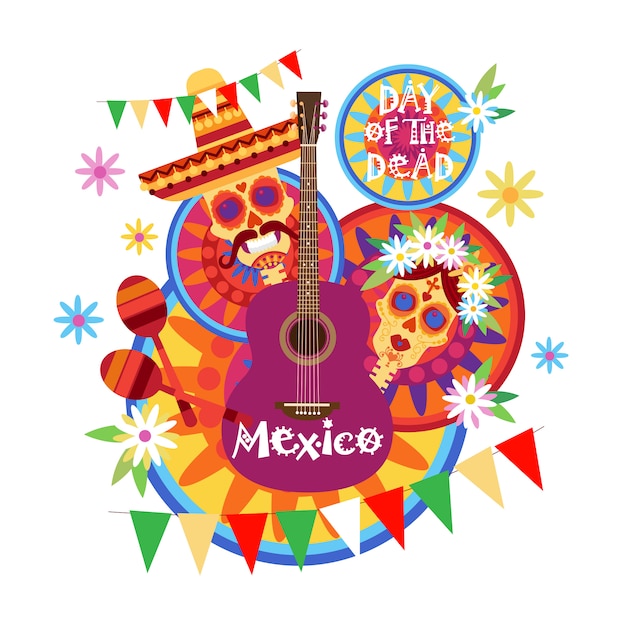죽은 개념 전통적인 멕시코 할로윈 Dia De Los Muertos 휴일 파티 장식 배너 초대장의 두개골의 날