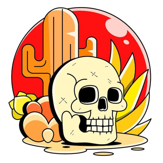 Skull in the desert at sunset, vector illustration cartoon