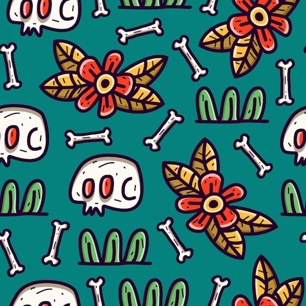 Skull doodle seamless pattern design wallpaper