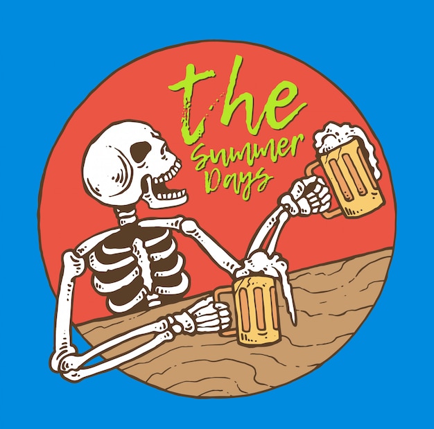 Skull drinking beer in the summer days 