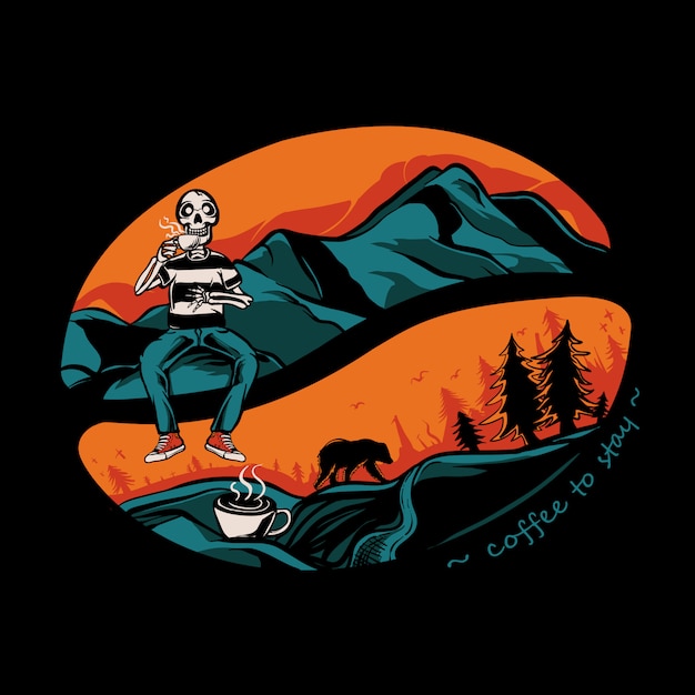 Vector skull drinking coffee on the mountain illustration