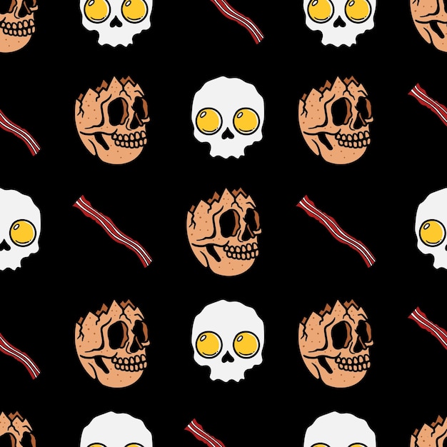 Skull eg with bacon seamless pattern on black background