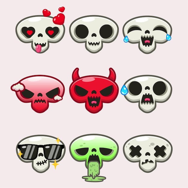 Skull emoticon cartoon set illustration free vector