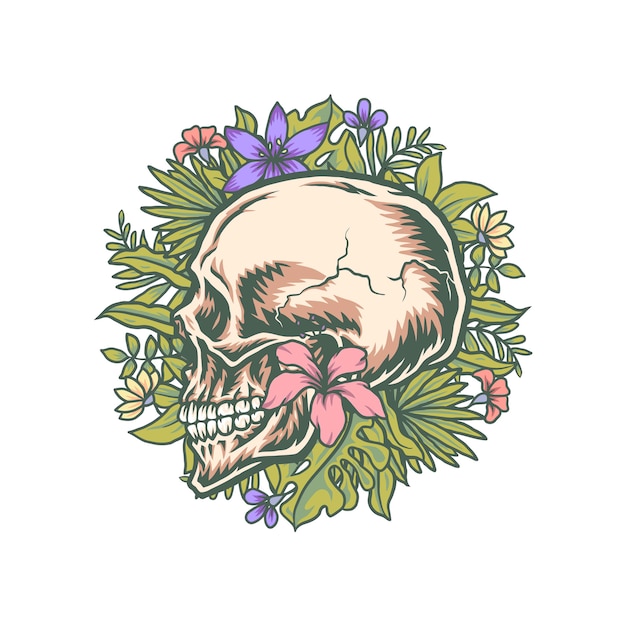 두개골과 이국적인 열대 꽃, 디지털 색상으로 손으로 그린 라인