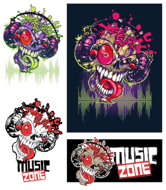 The skull explodes from the music from the headphones handdrawn drawing for tshirt