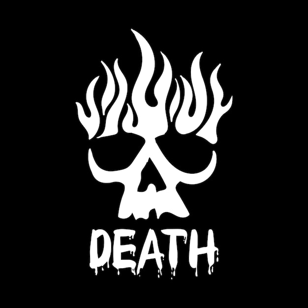 Skull fire with death lettering for tshirt design black and white illustration premium vector