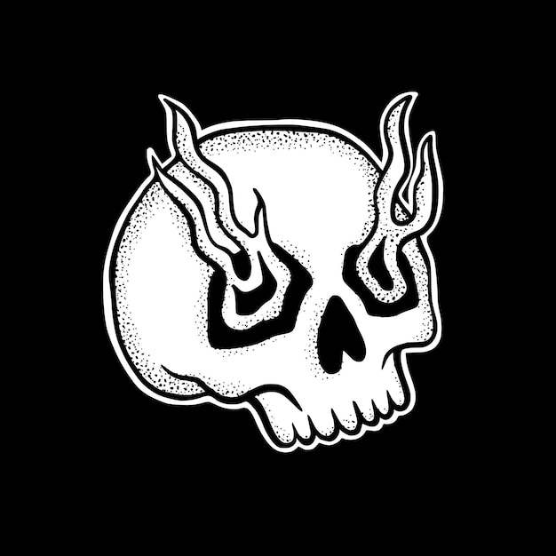 skull flame art Illustration hand drawn black and white vector for tattoo, sticker, logo etc