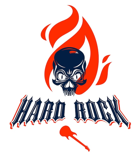 Skull in a flames hard rock music vector logo or emblem, aggressive skull dead head on fire rock and roll label, punk festival concert or club, musical instruments shop or recording studio.