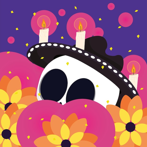 Skull on flowers Dia de los muertos background Vector illustration