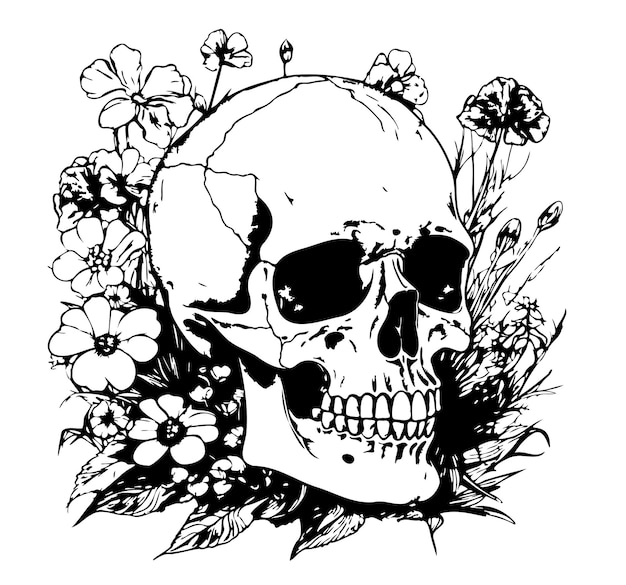 Skull in flowers hand drawn sketch illustration