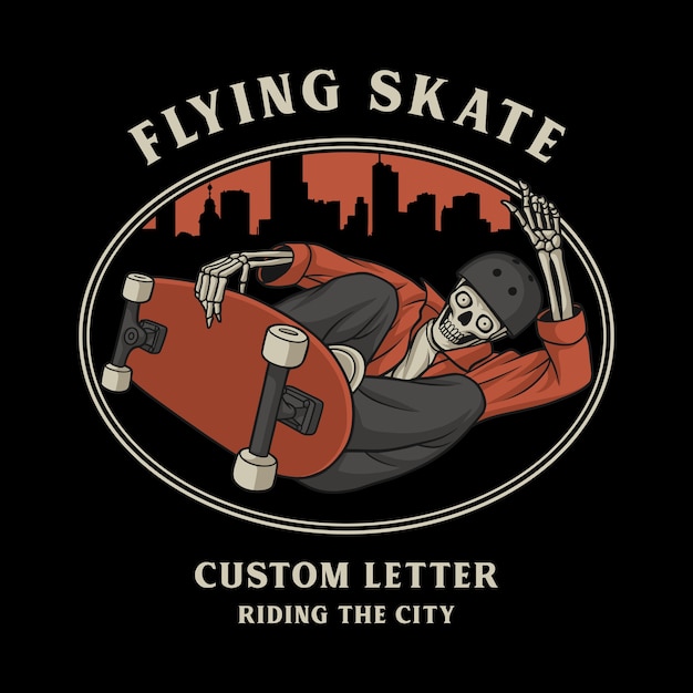 Vector skull flying skateboards on riding the city