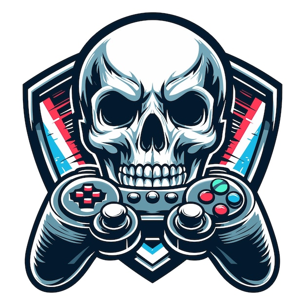 Vector skull gaming met joy stick embleem moderne stijl vector illustratie op witte achtergrond