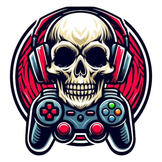 Vector skull gaming met joy stick embleem moderne stijl vector illustratie op witte achtergrond