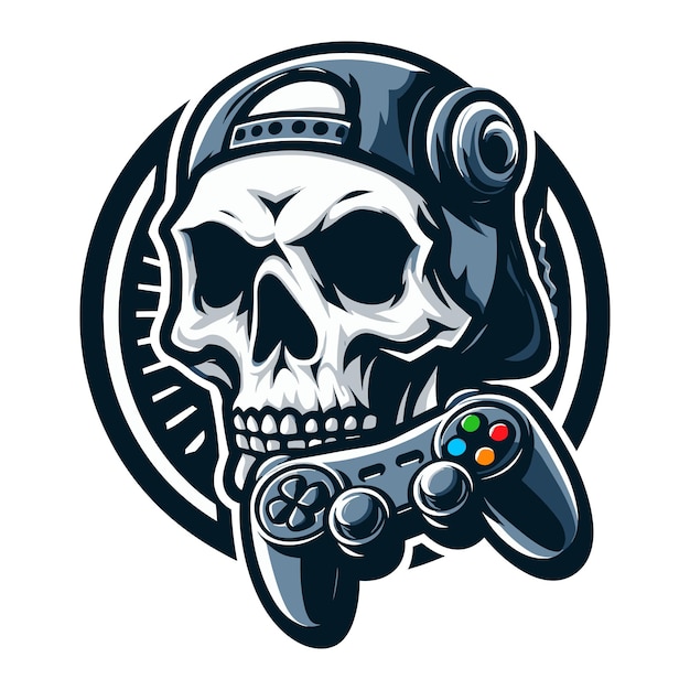 Vector skull gaming met joy stick embleem moderne stijl vector illustratie op witte achtergrond