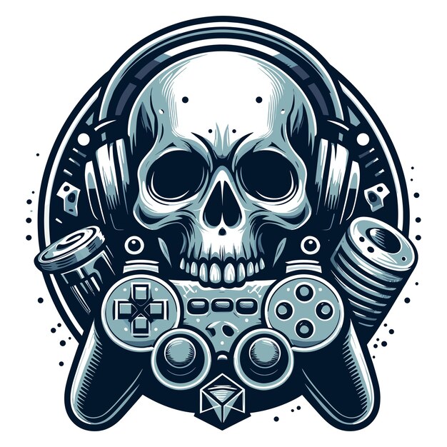 Skull gaming met joy stick embleem moderne stijl vector illustratie op witte achtergrond