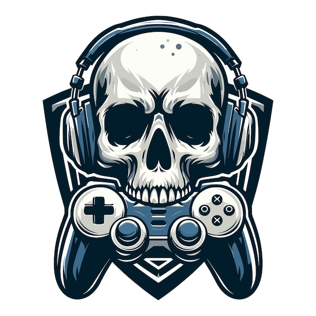 Vector skull gaming met joy stick embleem moderne stijl vector illustratie op witte achtergrond