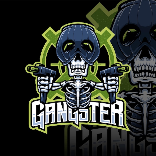 Gangster teschio con design del logo dell'artigliere per lo sport della mascotte o la squadra di gioco di esport