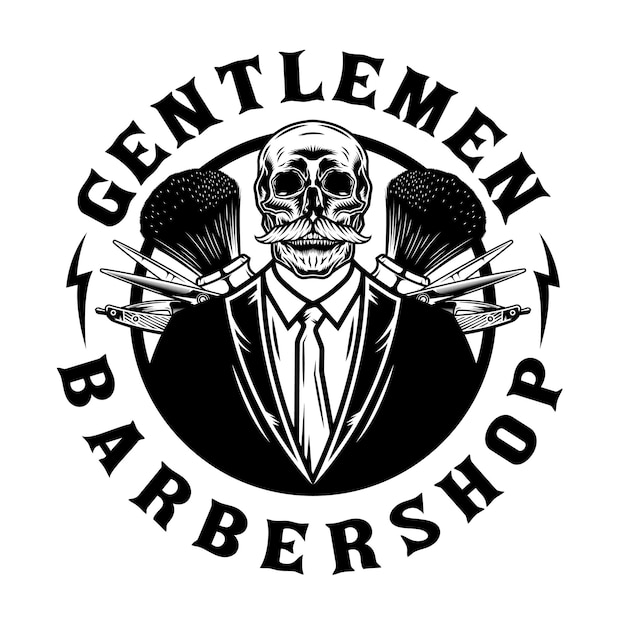 Skull gentlemen barbershop emblem with saloon tools