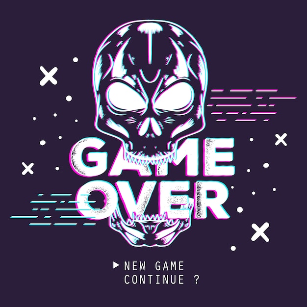 Vector skull glitch effect game over illustration.