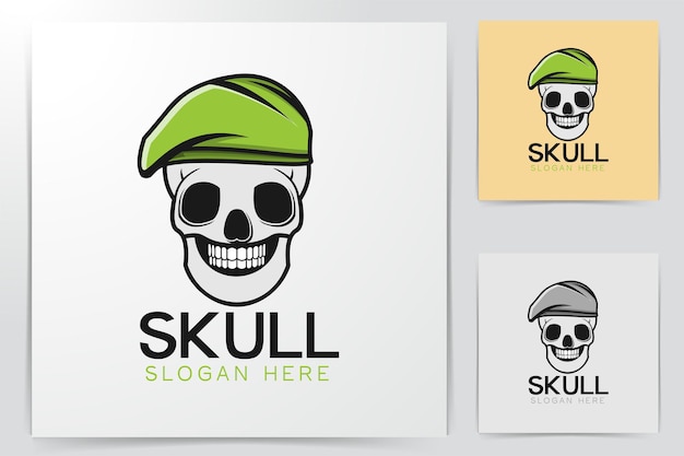 Skull and green military Hat Logo Designs Inspiration, Vector Illustration