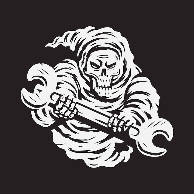 Skull grim reaper holding wrench vector illustration