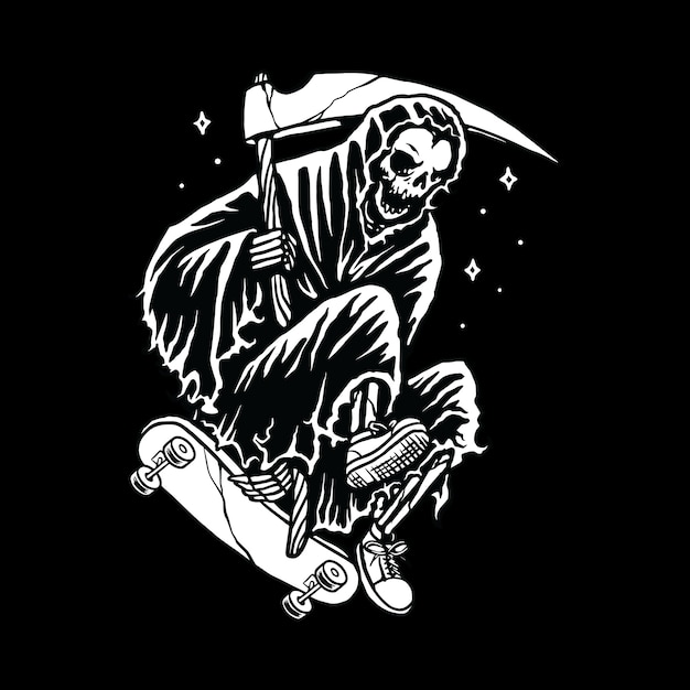 해골 잔인 사신 스케이트 보드 라인 그래픽 일러스트 벡터 아트 티셔츠 디자인