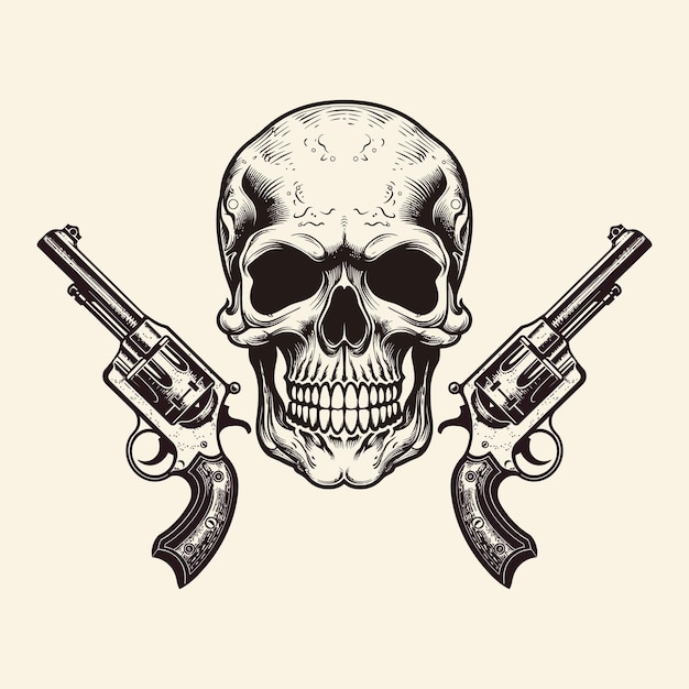 Vettore vettore del cranio e della pistola con disegno di maglietta del cranio