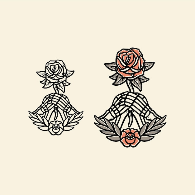 Skull Hand Holding Rose Flower Vector Tattoo Illustration