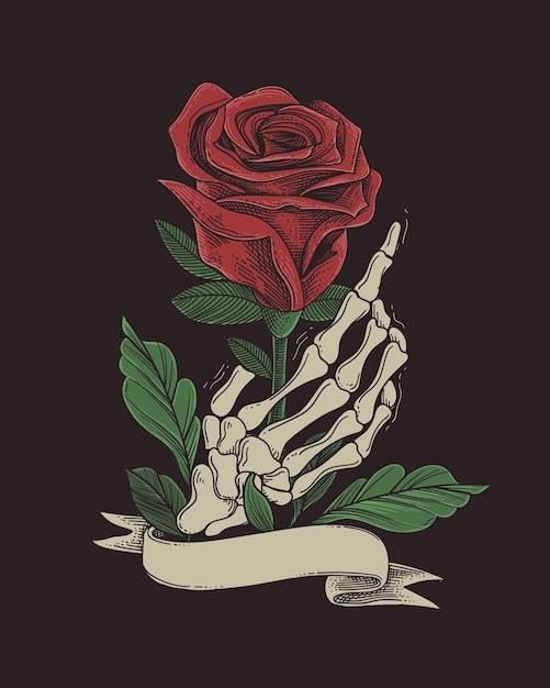 Mano del cranio con fiore di rosa rossa