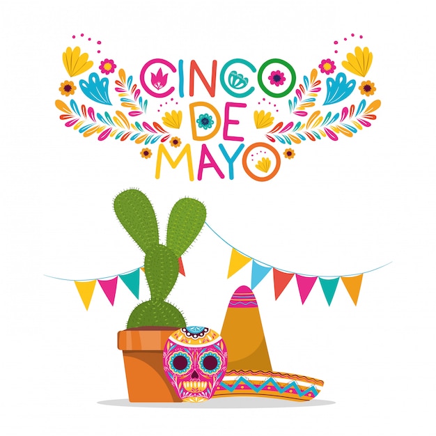 Skull hat and cactus design, Cinco de mayo mexico culture tourism landmark latin and party theme Vector illustration