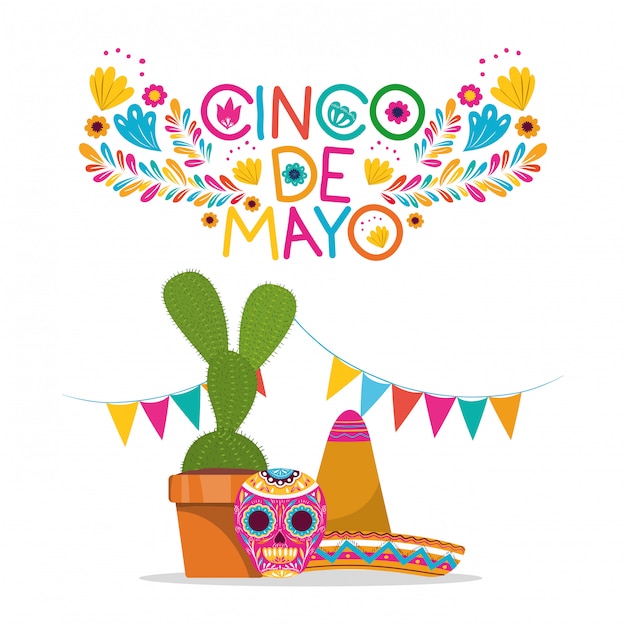 Il cappello del cranio e la progettazione del cactus, il punto di riferimento di turismo della cultura di cinco de mayo messico e l'illustrazione di vettore di tema del partito