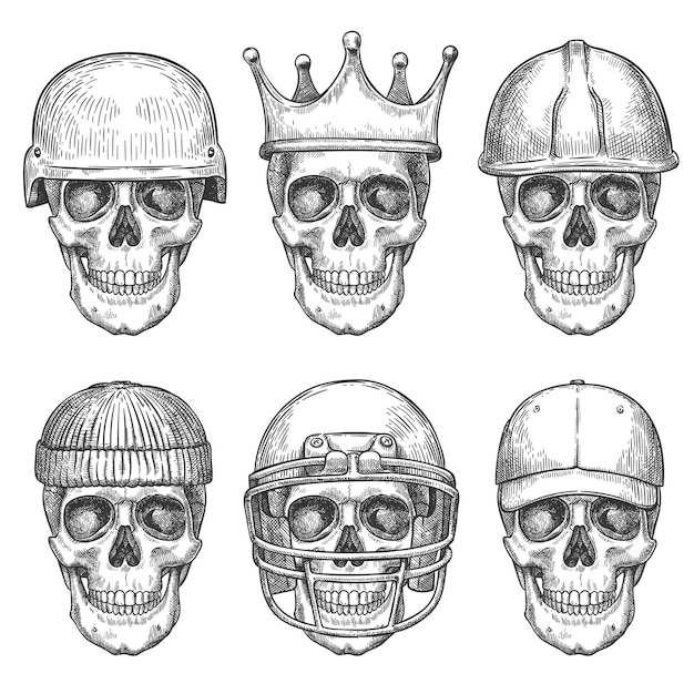 Skull in hats. Dead head characters with crown, baseball cap and helmets monochrome drawing art print for shirt design or tattoo vector set. Scary elements with different headdress isolated on white