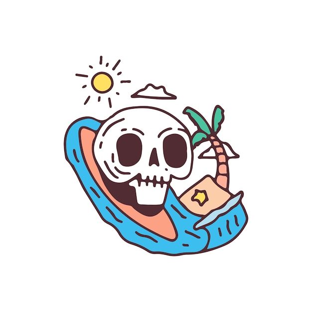 Skull head, beach, sea, surfing board, palm tree and sun, illustration for t-shirt.