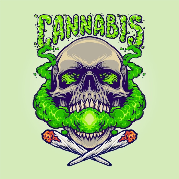 Vettore skull head cannabis nuvole fumare marijuana mascotte illustrazioni