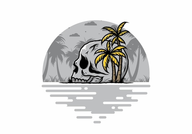 Vector skull head under coconut trees illustration