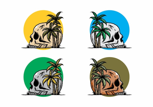 Vector skull head under coconut trees illustration