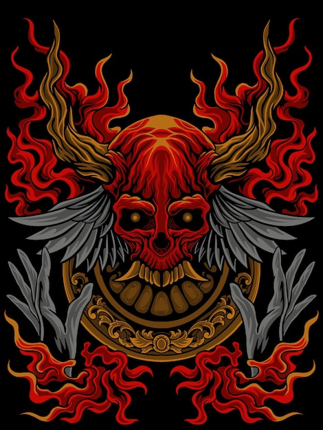 skull head design and burning fire illustrator