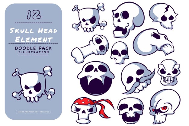 Vector skull head doodle illustration pack