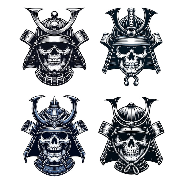 Vector skull head face with samurai helmet design vector illustration traditional japanese culture