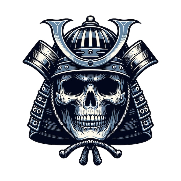 Vector skull head face with samurai helmet design vector illustration traditional japanese culture