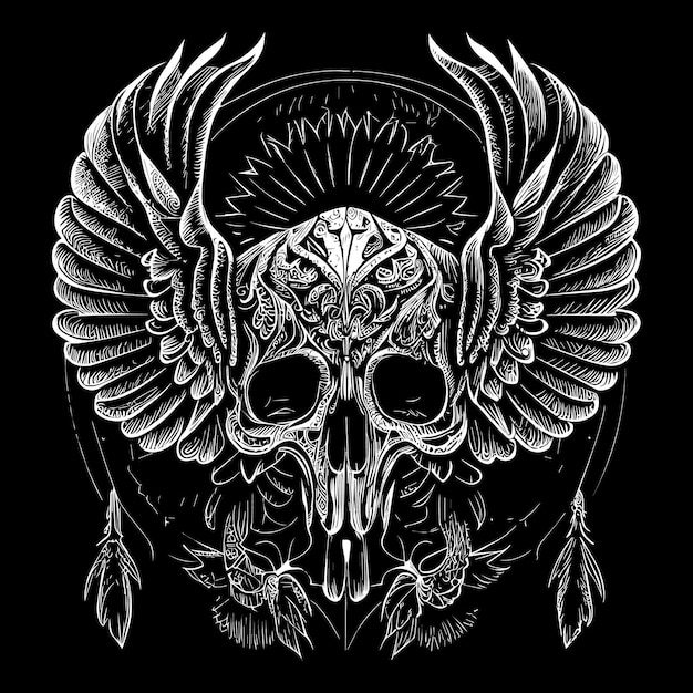 Vector skull head and feather wings illustration hauntingly beautiful image that juxtaposes death and life